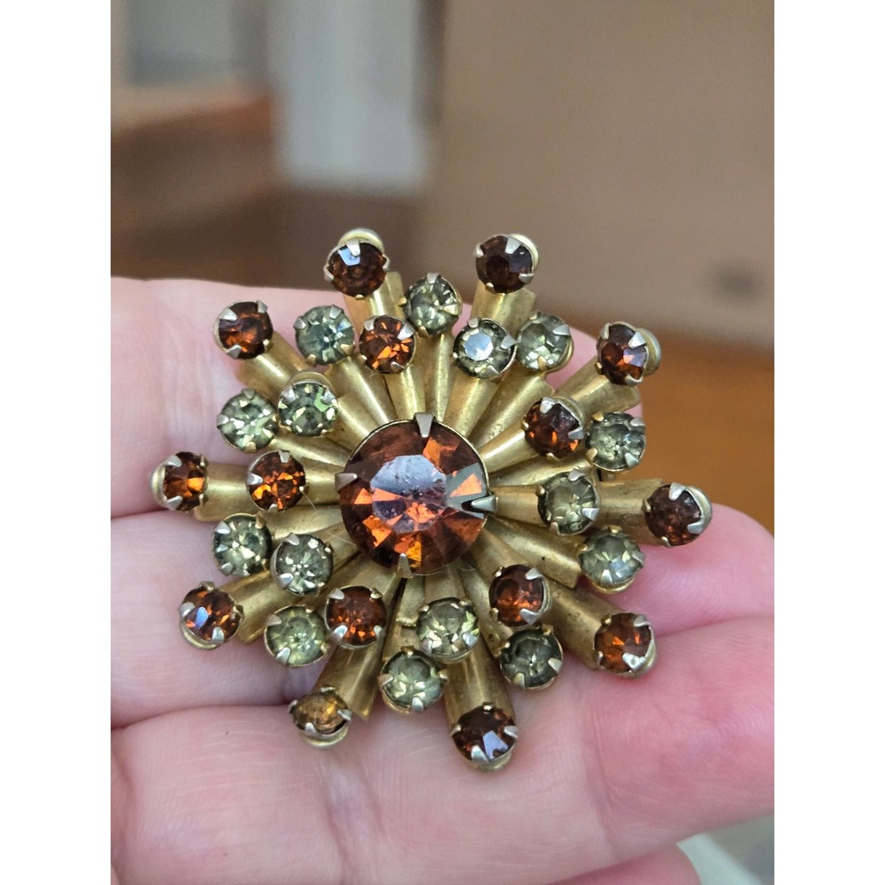 Brown Goldtone Rhinestone Starburst Brooch Vintage Unsigned